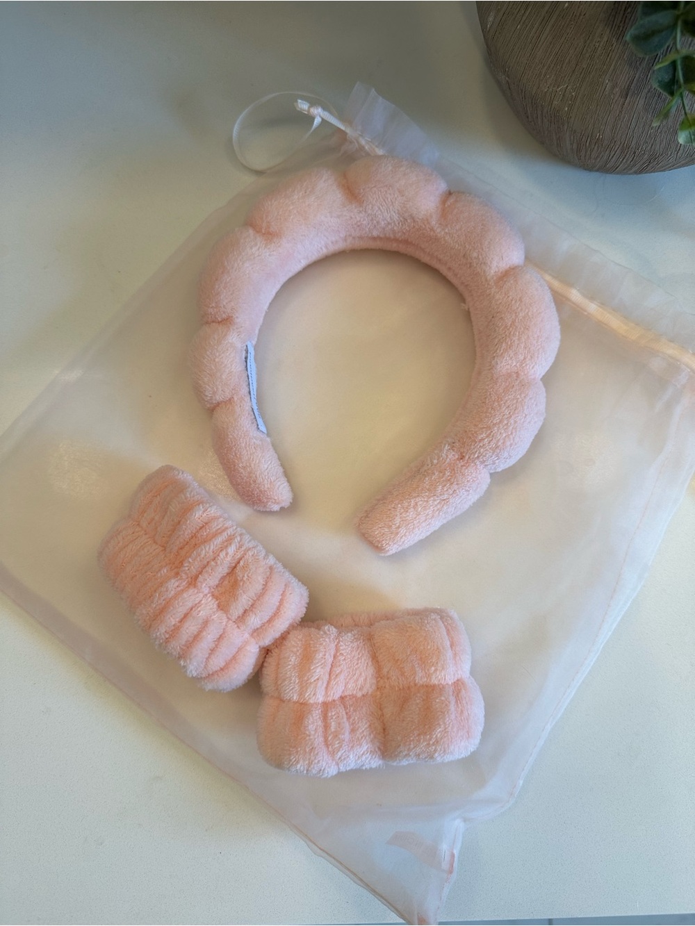 Plush Scalloped Headband and Wrist Wrap Set - Blush Pink